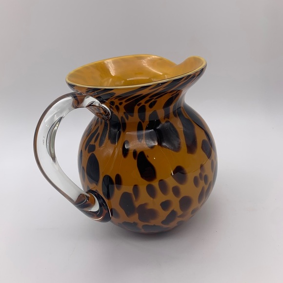 Gold & Spotted Black Hand Blown Glass Pitcher With Crystal Handle 7” - Picture 5 of 16